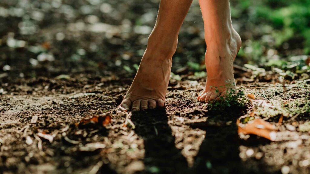 frau geht barfuss durch wald für erdung und achtsamkeit im sommer